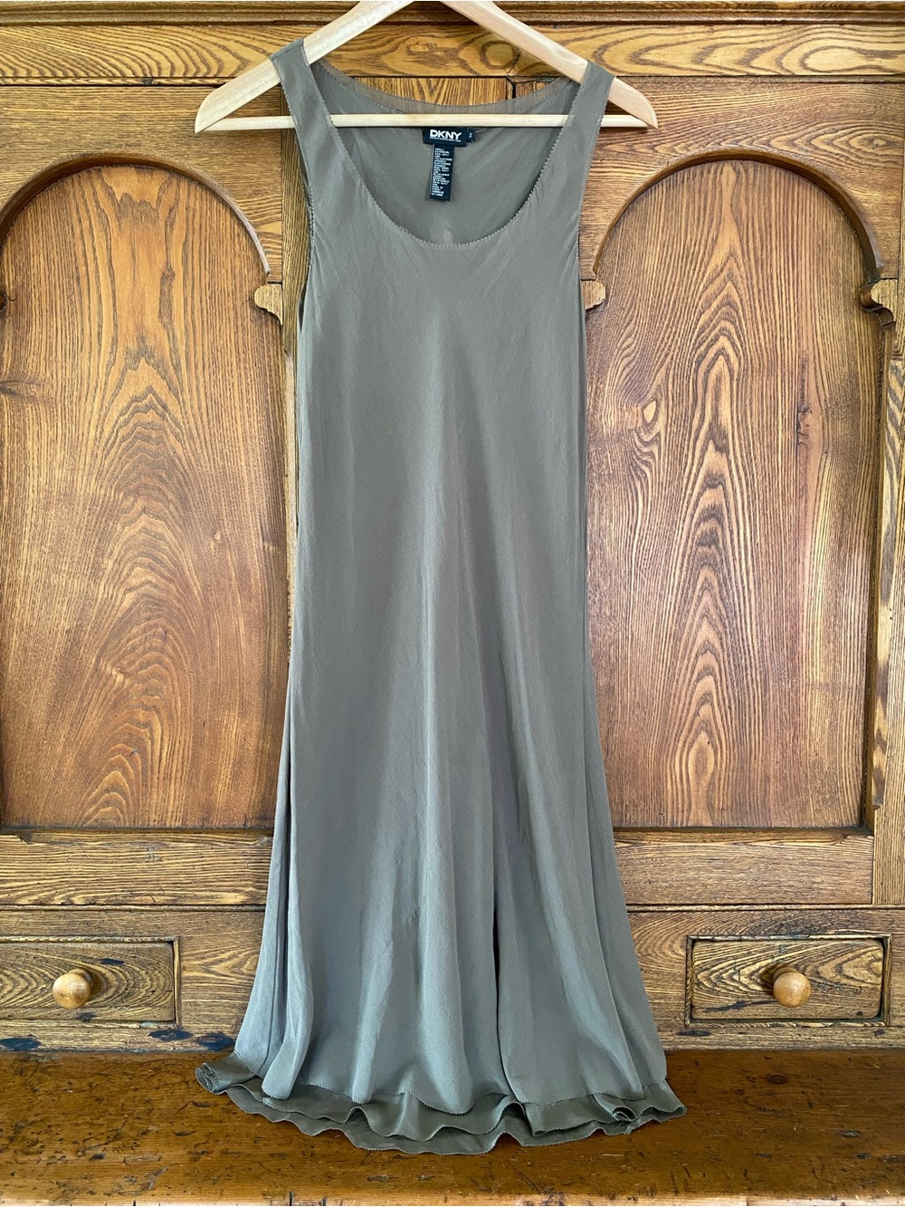 DKNY bias cut silk midi tank dress 2 XS taupe tan brown sheer layered